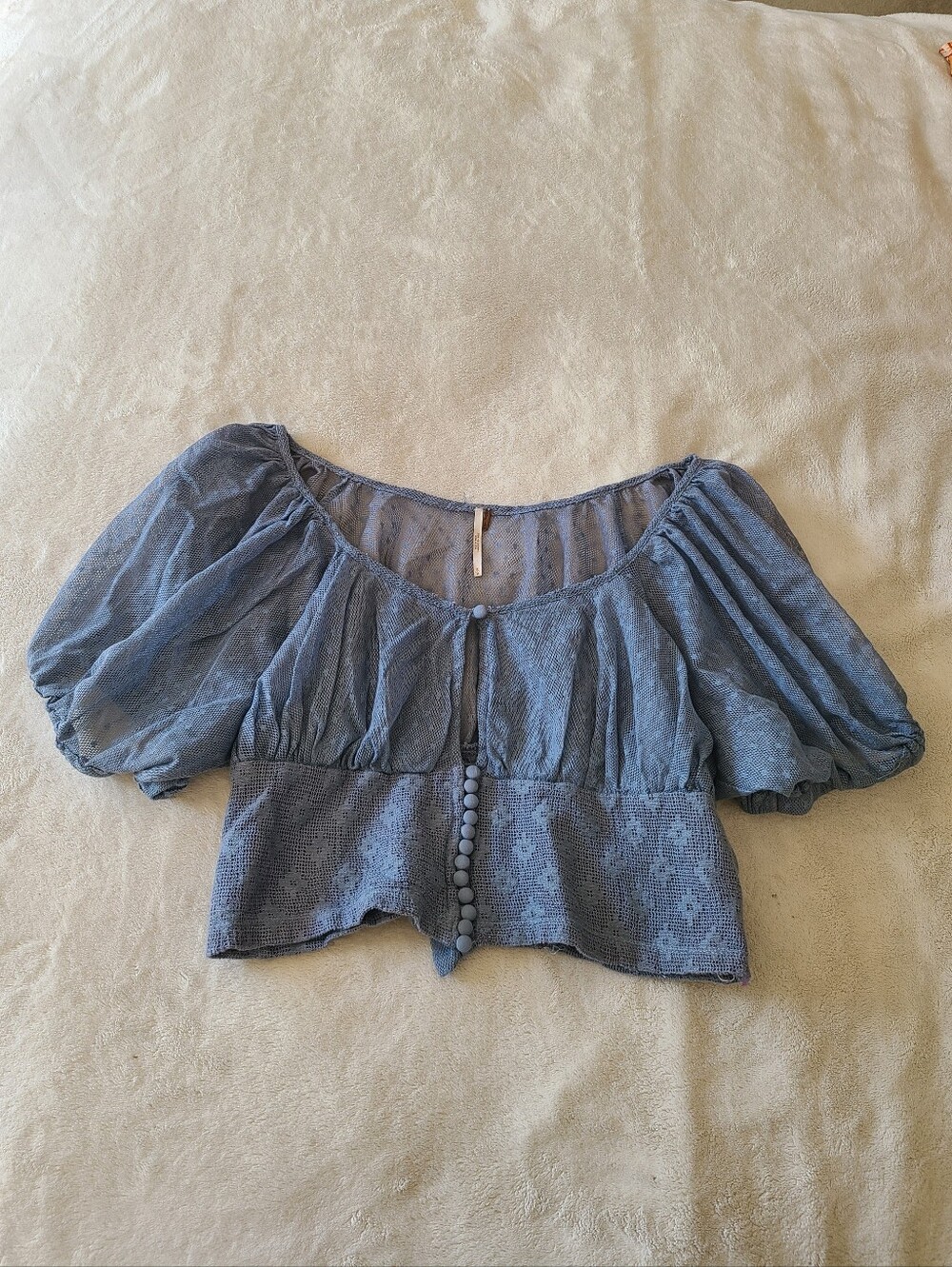 Free People Blue Gray Puff Sleeve Cropped Sheer Lace Button Top Size S